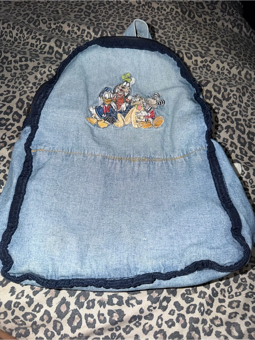 Disney Light Blue Denim Backpack with Mickey, Donald, Goofy & Pluto Patch